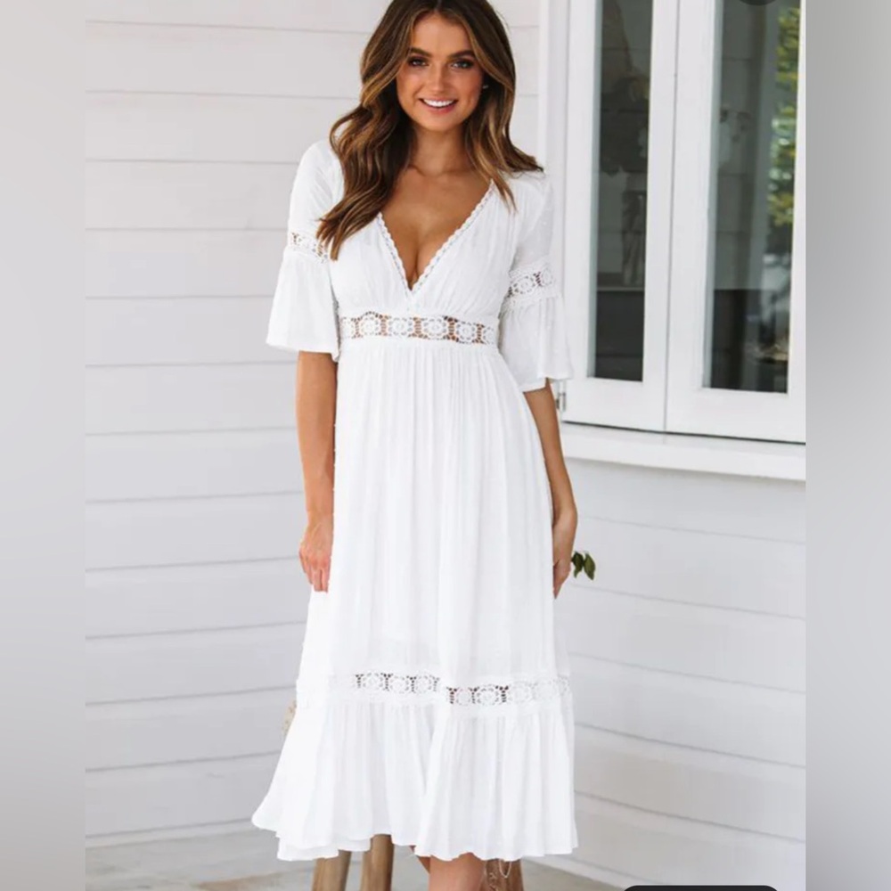 Chic White Lace Detail Midi Dress